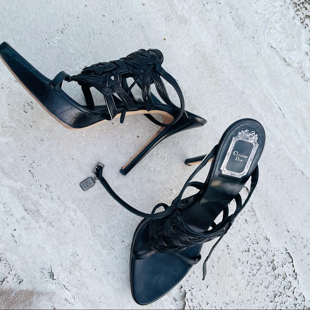 Christian Dior black leather strapped open-toe slingback 4.5”stiletto high heels - Picture 10 of 16
